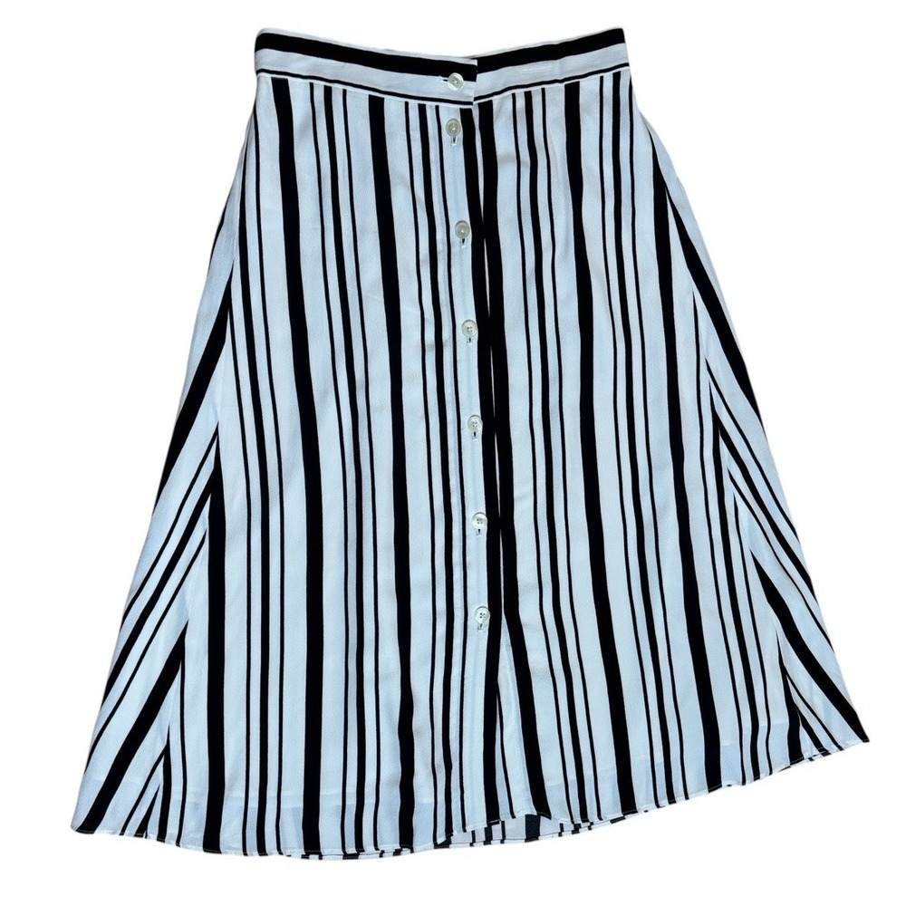 LOFT Midi Skirt Women Size S White Black Striped Button Front A-Line
